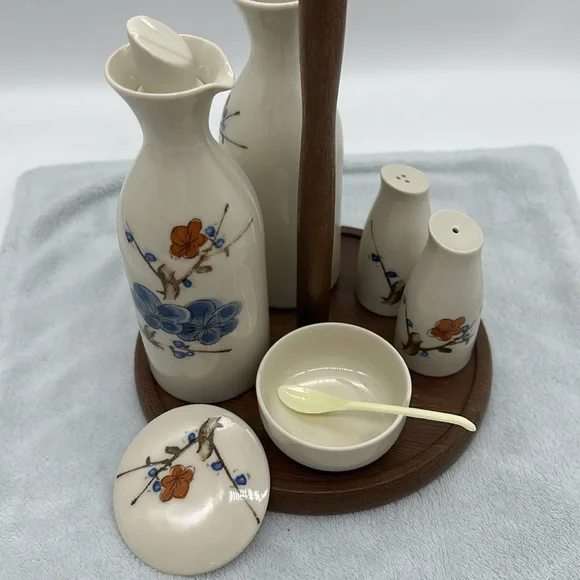 Vintage Cruet 6-Piece Set-Porcelain/Ceramic/Wood with Table Caddy - Picture 3 of 12